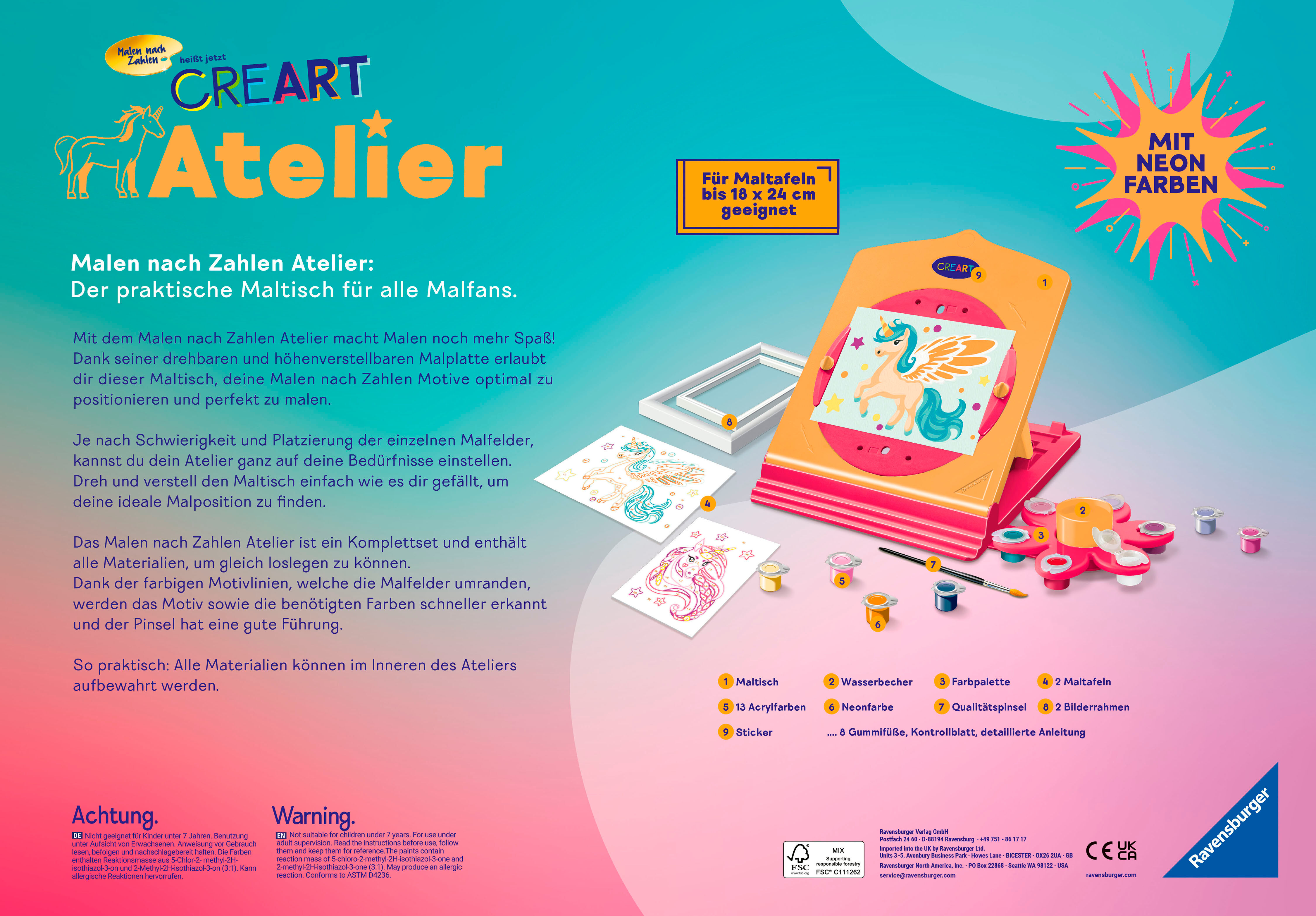 Malen nach Zahlen RAVENSBURGER "CreArt, Malen nach Zahlen - Neon Atelier Einhorn", bunt, Malvorlagen, Kinder, Pappe, Malen nach Zahlen, Made in Europe