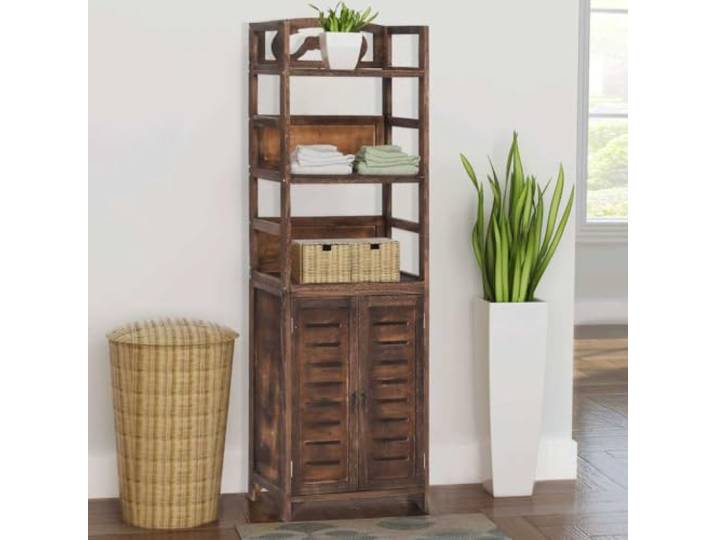 Vitrine Dunkelbraun 46x24x140 cm Massivholz Paulownia mit 2 Türen und 3 Massives Paulownia-Holz, 2 Türen, 3 Böden, pflegeleichte Oberfläche, kompaktes Standformat