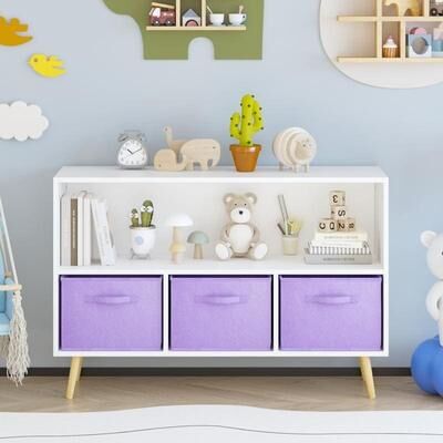 Kid's Bookcase with Collapsible Fabric Drawers, Book Display and Toy Storage