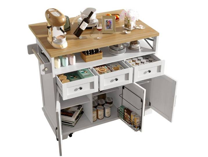 Îlot central de cuisine blanc – chariot de cuisine à roulettes – plateau rabattable – 3 tiroirs