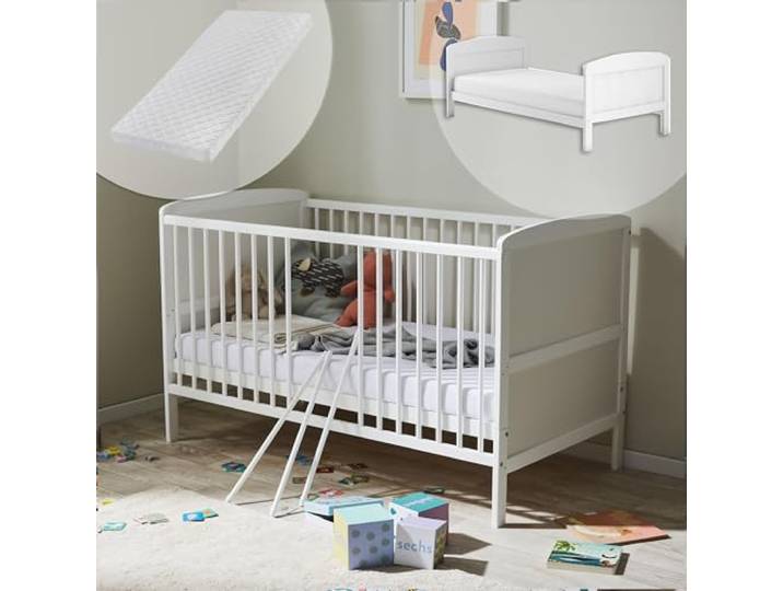 Kids Collective Babybett Kinderbett 70x140 mit Matratze Umbaubares Gitterbett höhenverstellbar & herausnehmbare Sprossen Weiss Vollholz Kiefer Made in Europe