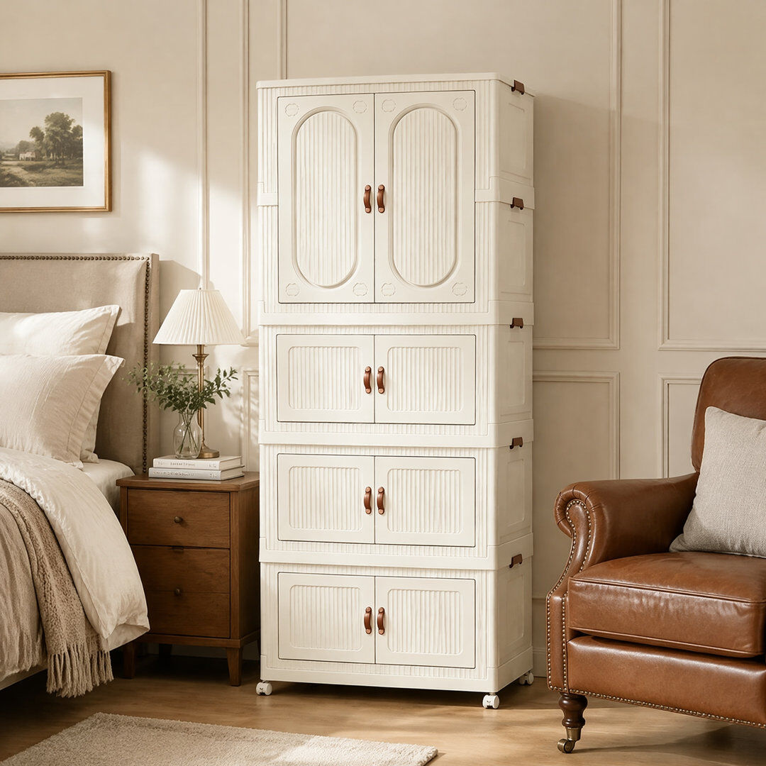 Rebrilliant Plastic Closet Wardrobe with Hanging Rod and Wheels 146cm H X 55cm W X 36cm D