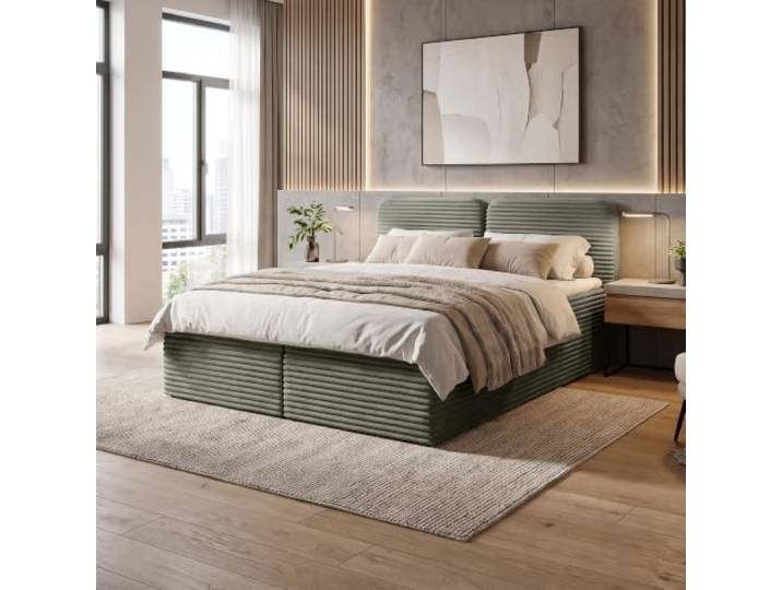 BEAUTY SOFA Boxbett LARS mit Matratze H3 und Topper, Boxspringbett mit 2 Bettkästen und Bonellfederkern, Cord TILIA, Khaki (Tilia 37), 160x200