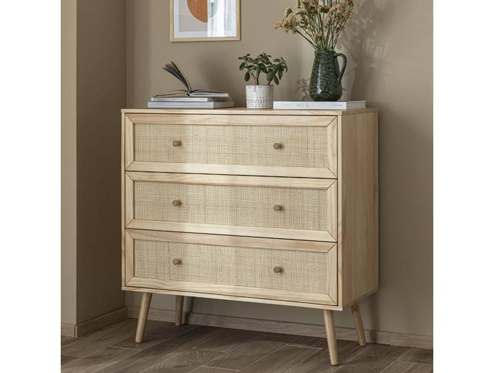 Commode cannage avec 3 tiroirs bois naturel ANNA