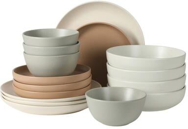 Gibson Elite Leeds Court Plates and Bowls Sets, 16-Piece Stoneware Dinnerware Sets, Round Speckle Reactive Glaze Dish Set