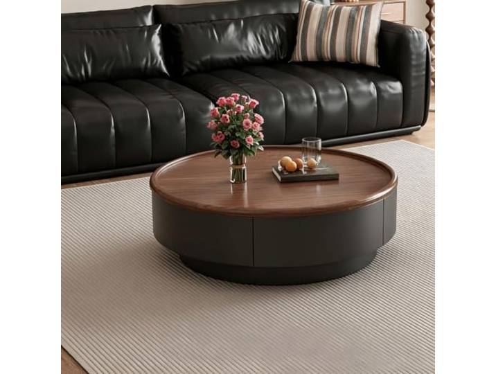 Runder moderner Couchtisch, minimalischer Holz-Mitteltisch für Wohnzimmer Massivholzrahmen, Sintersteinplatte, versteckter Stauraum, abgerundete Ecken für Wohnzimmer & Luxuswohnungen(A(WOOD),23.6in)