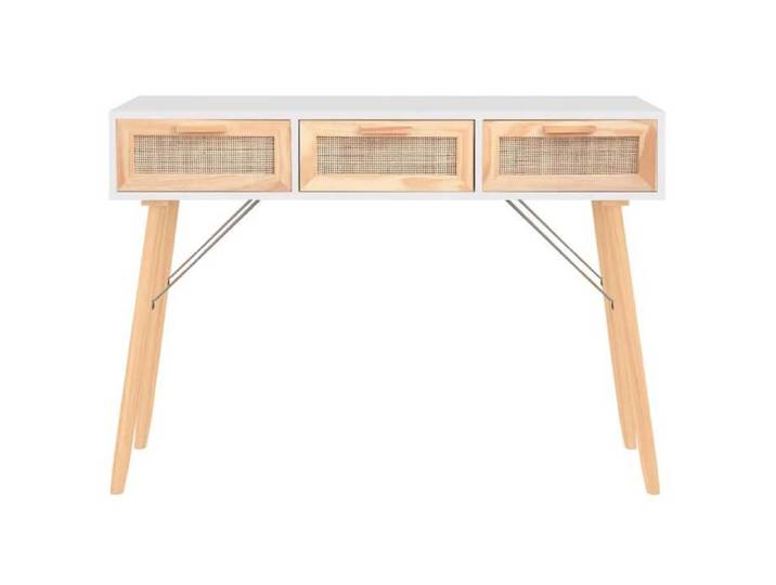Table d'appoint Table de Salon - Table console Blanc 105x30x75 cm Bois massif pin /rotin naturel - design élégant(71142)