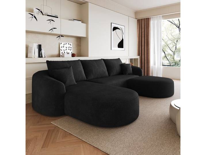 Canapé Panoramique En U 5 Places Compressé Sans Montage - MEUNIQ - Modulable En Chenille Noire 266 cm