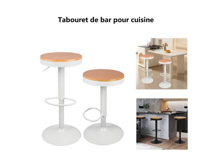 2pcs Tabouret de bar pour salle à manger Willonin® Chaise avec siège rond en métal et bois MDF Hauteur réglable et Pivotant Blanc
