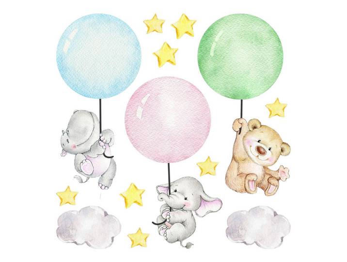 Wallfluent Wandaufkleber 80x113cm - Tiere mit Luftballons, Mehrfarbig, Kunststoff, Rechteckig, 80x113x0.1 cm, Tapeten & Wandverkleidungen, Wandtattoos & Sticker, Wandtattoos