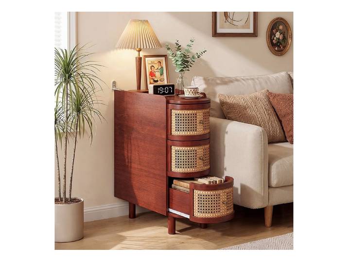 FUFU&GAGA Beistelltisch schmal 26cm Rattan, Telefontisch Retro mit 3 Schubladen