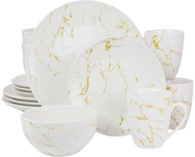 Elama Fine Marble 16 Piece Stoneware Dinnerware Set in Gold and White