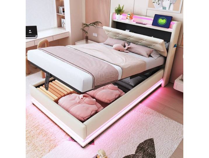 Lit enfant 90×200 cm lit rembourré avec rangement hydraulique ports USB et LED - lit simple multifonction - beige