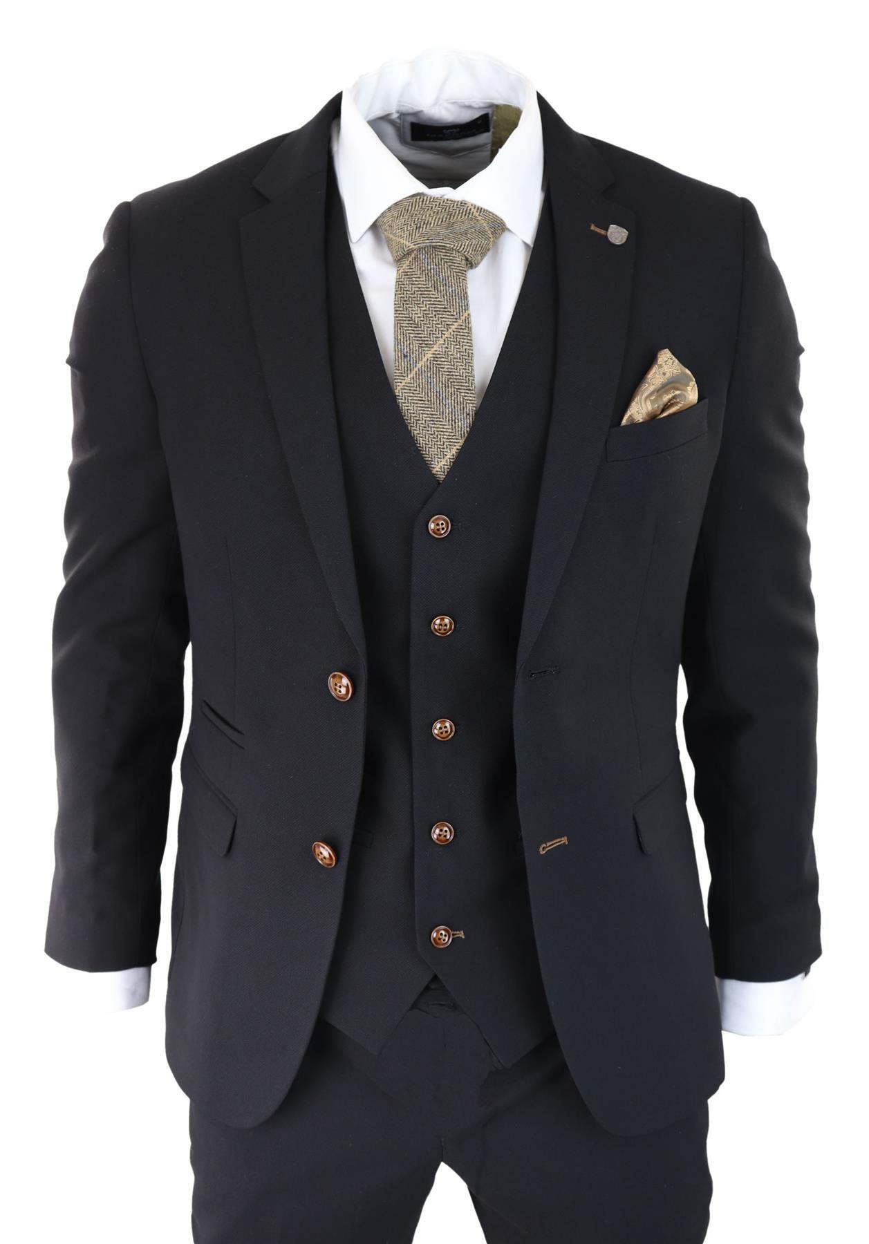 Heren zwart 3-delig pak bruin trim klassieke Birdseye vintage bruiloft bruidegoms