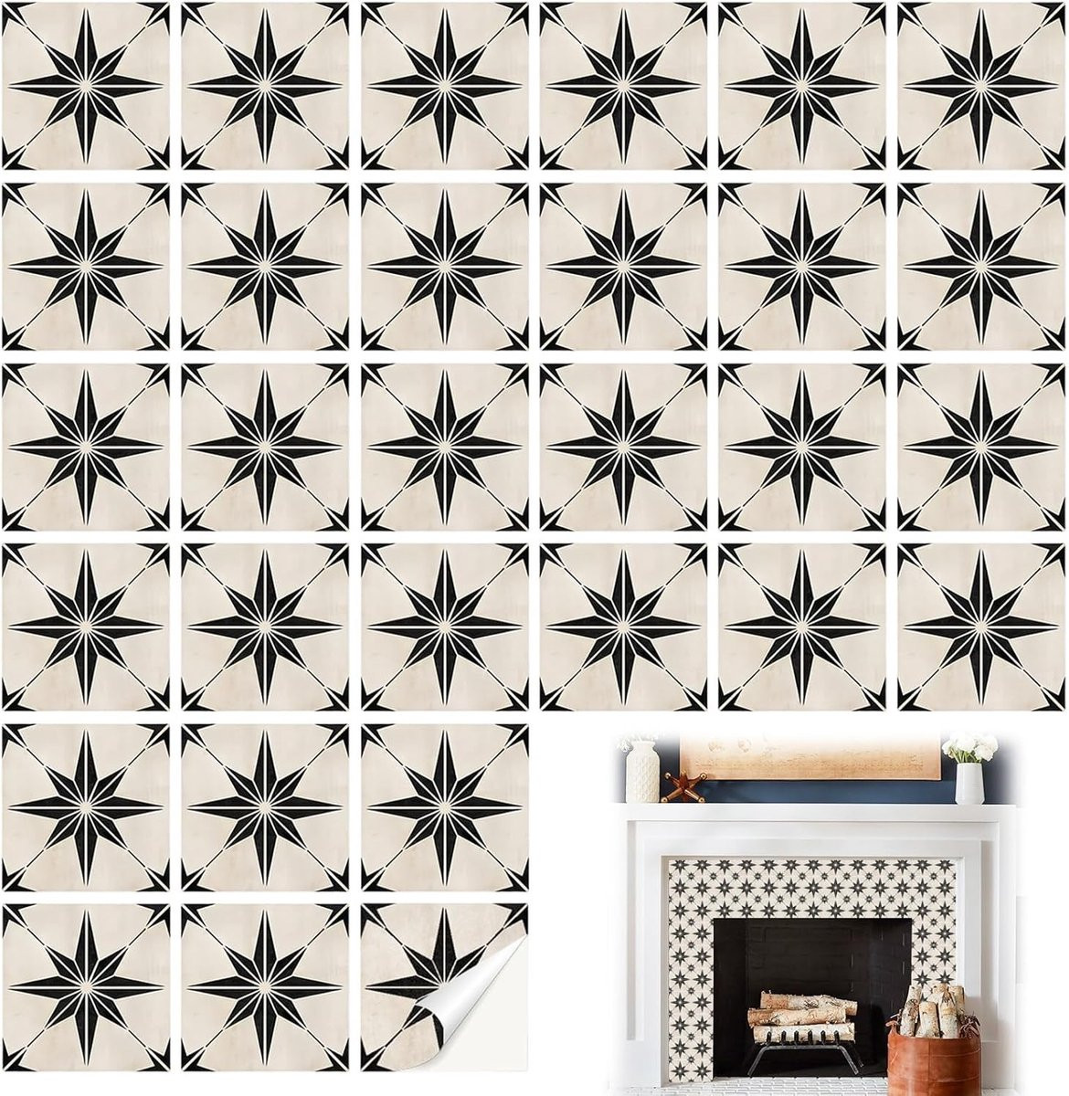 30 stuks Decoratieve tegelstickers met zwart bloemenpatroon voor keuken en badkamer, 10 cm