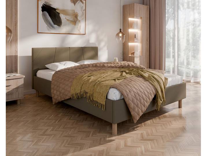 ALMORE Polsterbett – minimalistisches Design, Holzbett auf Füßen Federkernmatratze