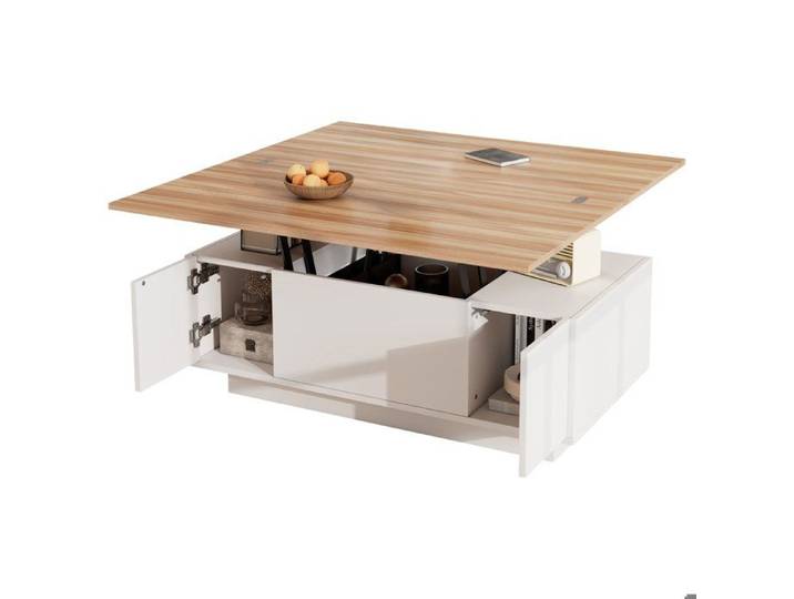 Table basse relevable bois 100x50x55 5 cm Table basse salon moderne avec Plateau Relevable 2 plateaux et 2 portes - blanc et Brun