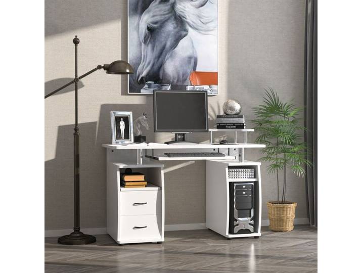 Bureau informatique multimédia multi-rangements 120L x 55l x 85H cm en bois blanc