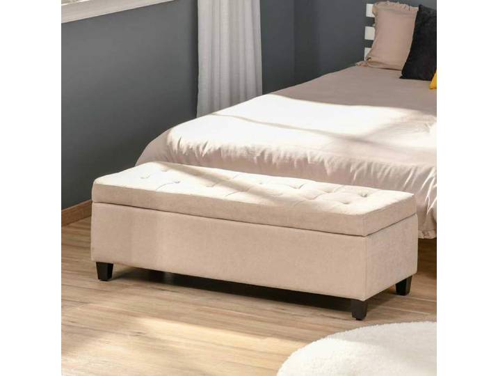 VUENOR Banc coffre rembourré 125 cm beige aspect lin avec rangement et couvercle