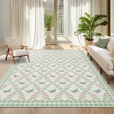 Garvee Farmhouse Butterfly Floral Checkered Area Rug