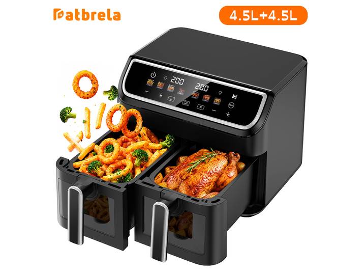 Patbrela Friteuse à air double 9L XXL grande capacité, friteuse à air à double panier avec commandes indépendantes, cuisson rapide 2000W, friteuse saine multifonction sans huile avec écran tactile