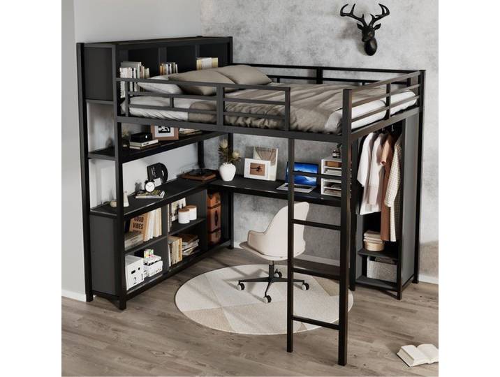 Lit mezzanine avec bureau intégré rangements et armoire couchage 140x200