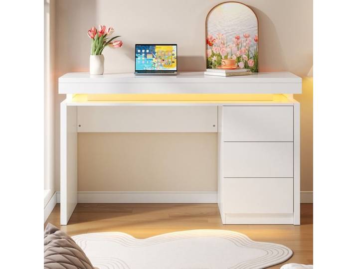 WOVREO Bureau informatique droit 120 x 50 x 78 5 cm avec 3 tiroirs LED multicolore blanc mat