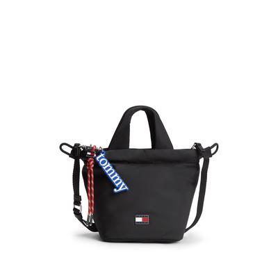 Handtasche TOMMY JEANS "TJW ICON CHARMS BUCKET BAG", Damen, Gr. B/H/T: 14cm x 17,5cm x 12,5cm, schwarz, Textil, Taschen Handtasche, Damen Tragetasche, Umhängetasche mit abnehmbarem Schlüsselanhänger