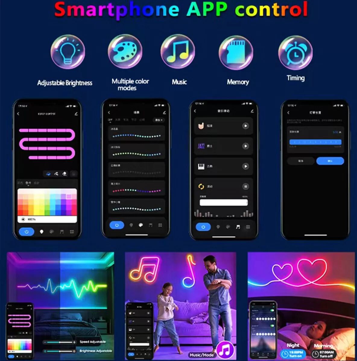 INF 10m RGB Neon Lichtleiste mit Fernbedienung, Musik-Sync und EU-Stecker