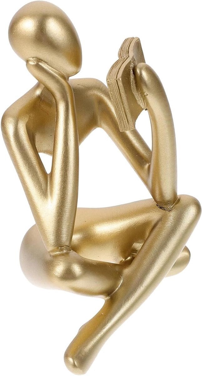 Abstracte Denker Beeld Lezer - Goud - Decoratief Hars Beeld voor op Tafel - Hoogte: 11,5 cm