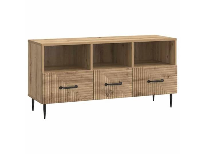 KTHLBRH TV-Schrank 102 x 34,5 x 50 cm Eiche handgefertigt Holzkonstruktion, Metallbeine, 3 Schubladen, große Fächer, Vintage-Stil, Stangengriffe, Beinhöhe 10 cm