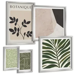 BILDER SET 5er Set - 50x50 cm & 20x30 cm & 40x60 cm Silberner Rahmen - Botanische Boho-Kompositionen