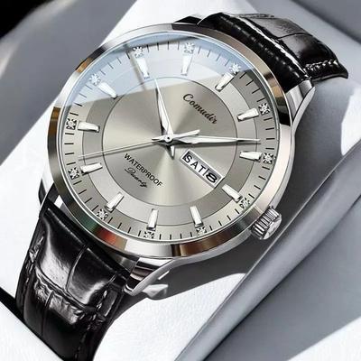 Inspire Select Dual Calendar Hollow Dial Men's Quartz Watch Tungsten Steel Waterproof black Leather