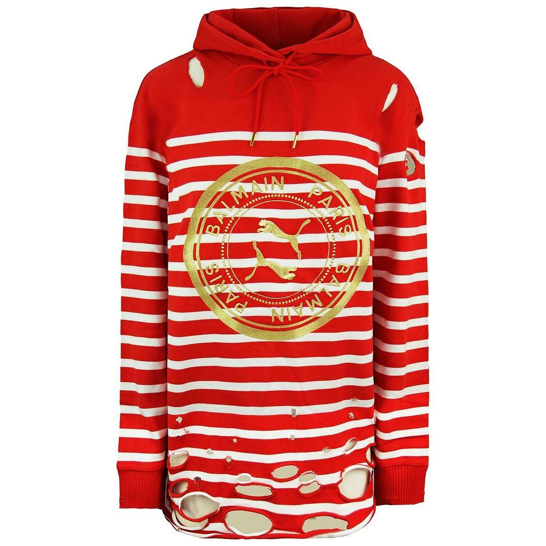 Puma x Balmain Damen-Hoodie im Distressed-Look in Rot und Weiß