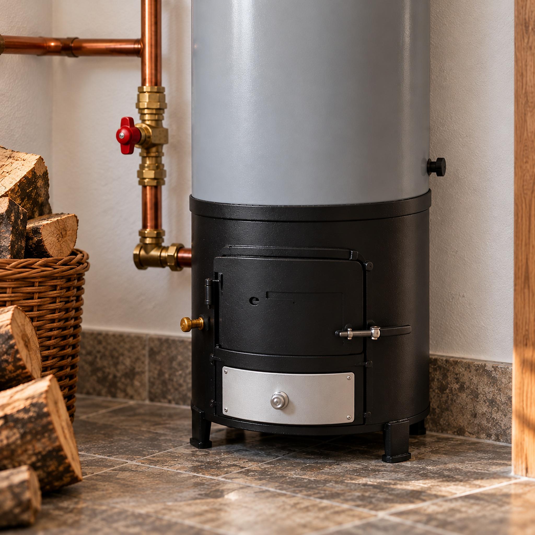 Home Care Commerce 80L Druckbeaufschlagter Festbrennstoffkessel mit Sicherheitsventil - Grau, Holzbefeuerter Warmwasserbereiter, ohne Brause