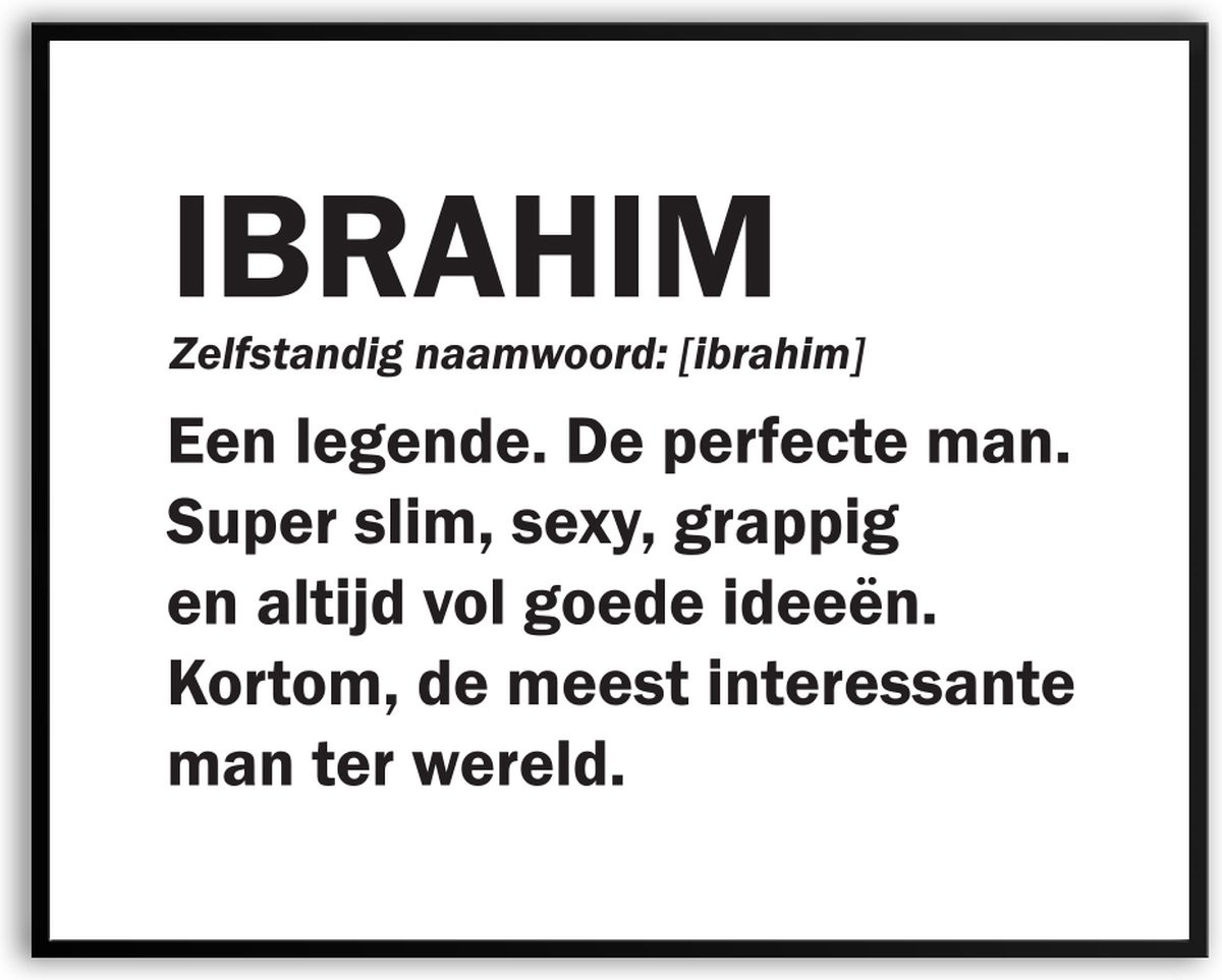 Ibrahim Woordenboek Fotolijst met glas en canvas, 40 x 50 cm, grappige verjaardagsposter voor volwassenen