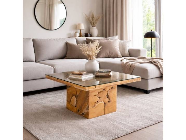 LebensWohnArt Couchtisch Massiver Couchtisch SQUARE aus Teakholz 80cm mit Glasplatte