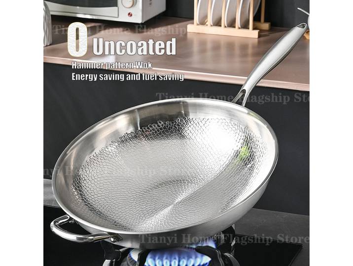 Poêle à frire antiadhésive en titane et acier inoxydable 32/34 cm, Wok, poêle à œufs et à steak, compatible induction et gaz, ustensile de cuisine