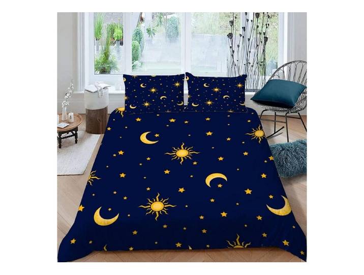 LuxusKollektion Jugendbettwäsche Bettwäsche-Set 3D Sonne Mond Sterne 155x220 Blau Gold