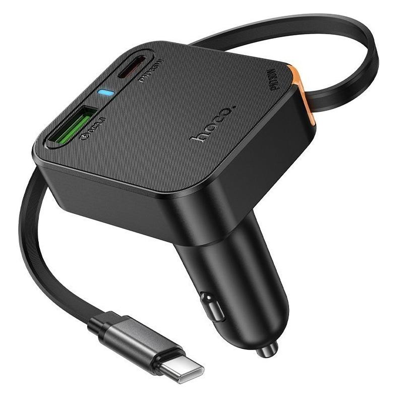 Hoco Auto charger Car charger wit retractable cable 2 x USB C + USB A QC PD 65W NZ18 black (64604638)