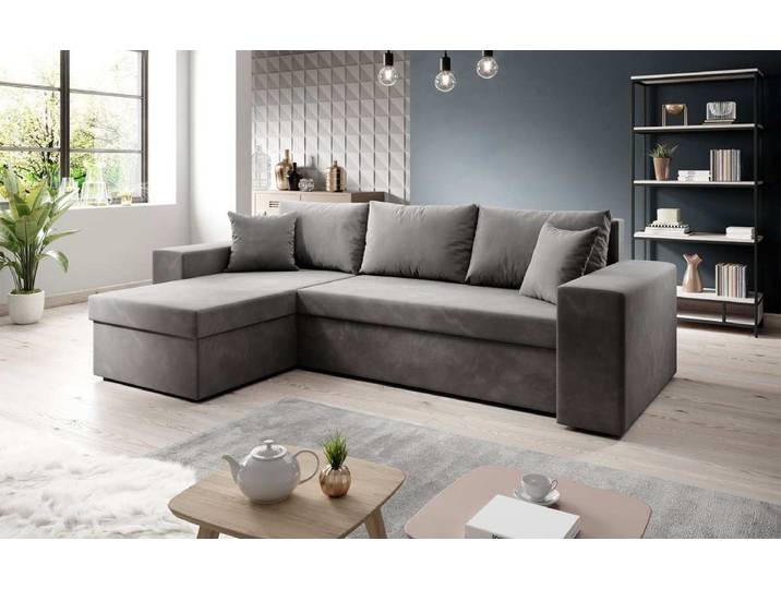 Designer Ecksofa Denver Samt mit Schlaf- und Klappfunktion - Grau - Links - Samt - Luxusbetten24