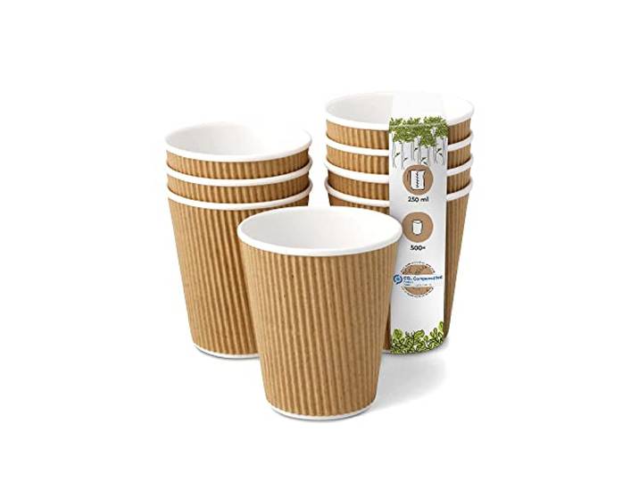 BIOZOYG 500 Stück Kaffeebecher isolierte Pappbecher 250ml / 10 oz Ø 90 mm weiß/braun - geriffelt plastikfrei nachhaltige Materialien - Einwegbecher Glühweinbecher
