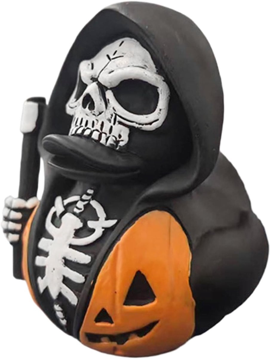 Skelet Eend Figuur - Zwarte Gothic Decoratie met Gedetailleerd Houtsnijwerk - B/D/H: 12 x 11 x 9 cm