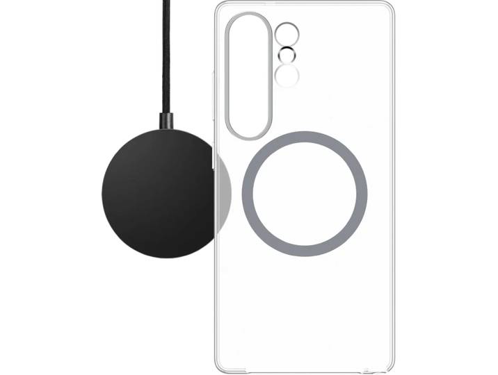 BlueBuilt Qi2 Draadloze Oplader 15W Zwart + S25 Ultra Back Cover met Magneet Transparant