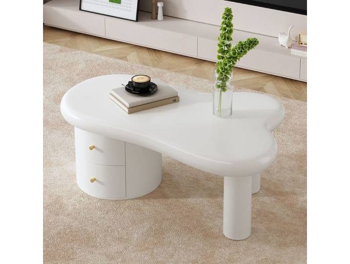 Table Basse Moderne Blanche de Forme Irrégulière avec 2 Tiroirs élégante Stable et Durable Mobilier de Salon Moderne 97x64x42