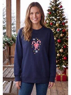 Plus Size Women's Fleece Holiday Sweatshirt by Woman Within in Navy Candy Canes (Size 2X)