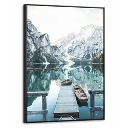 LEINWAND Bilder mit Rahmen - Natur - Berge - Schnee - Wald - Boot - 50x70