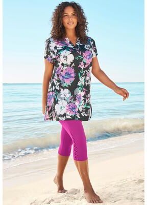 Plus Size Women's Longer Length Short-Sleeve Swim Tunic by Swim 365 in Pink Graphic Peony (Size 10)