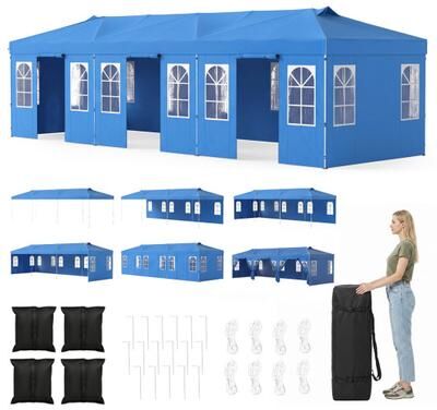 Costway 10 x 30 FT Pop Up Canopy Tent with 8 Sidewalls and Adjustable Height-Blue