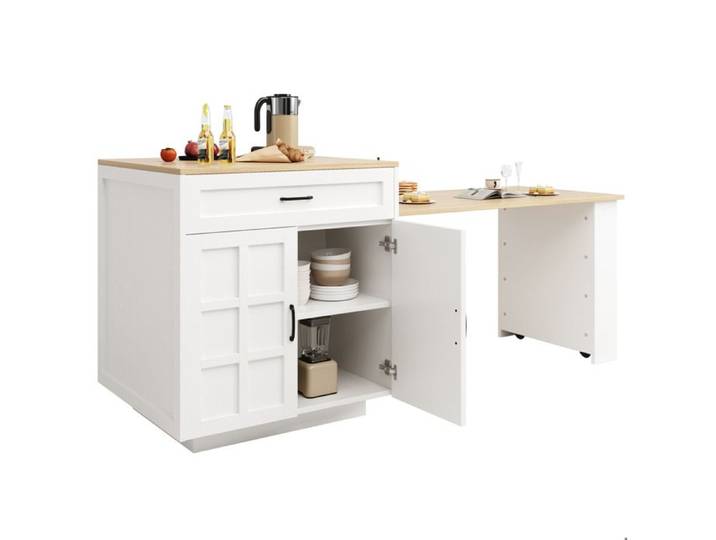 Table bar de cuisine - SENVIRO - extensible avec rangement 133 a 202 x 70 x 93 5 cm 2 tiroirs 4 compartiments blanc